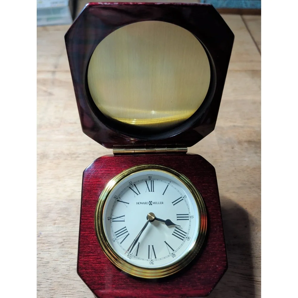 Howard Miller Polish Rosewood Desk Clock Hinge Top Box Gold Metal Glass 645-392